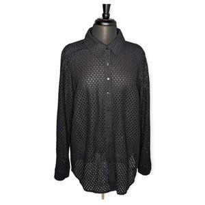 QVC Black Button Front Long Sleeve Top Size XL